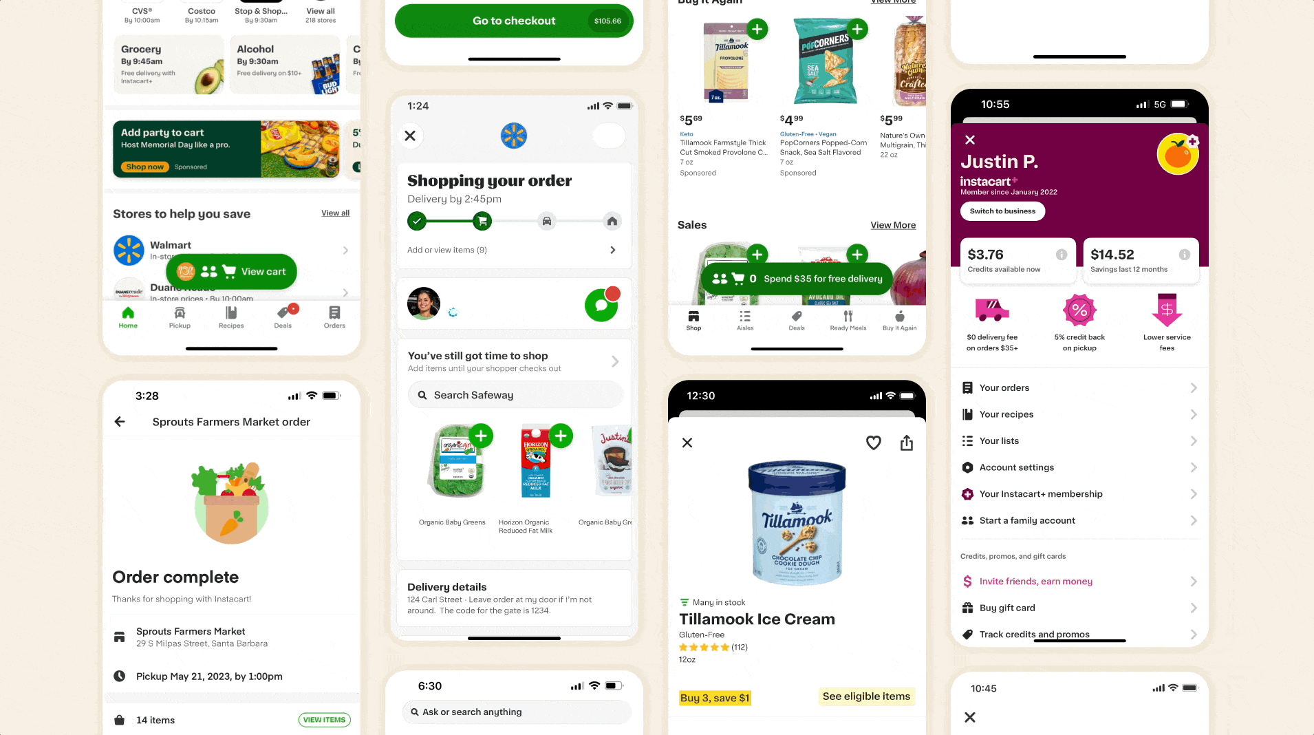 A collage of Instacart mobile app screens showing the consumer experience, including a store selection home screen, an active order being shopped, a product browsing view with sales items, and a member profile screen showing Instacart+ benefits and credits