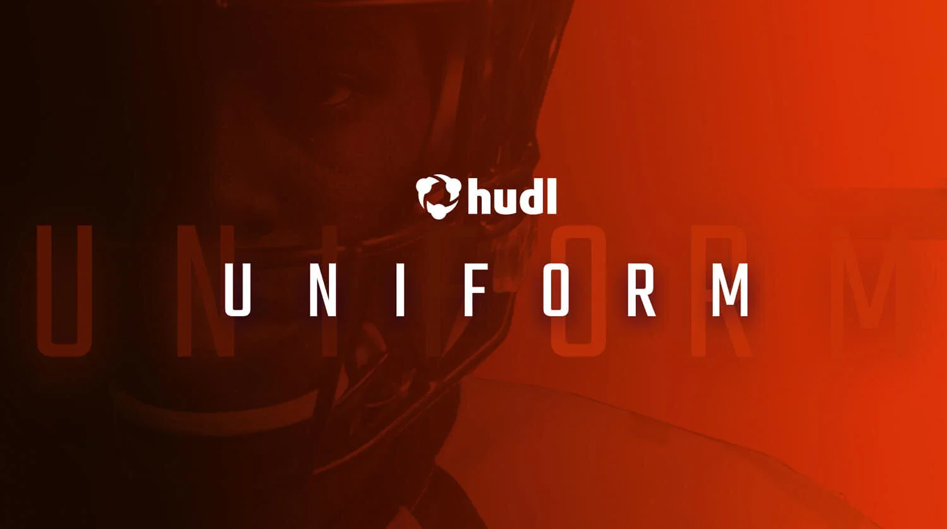 Title card for a talk about Uniform, Hudl's design system, showing the Hudl logo and the word UNIFORM over a dramatic red-tinted image of a football helmet